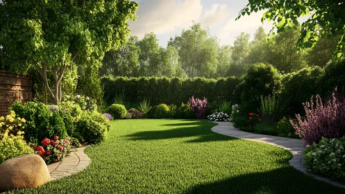 Photorealistic garden lawn with curved border planting design.