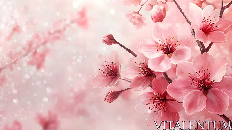 Cherry Blossom Branches in Soft Focus with Luminous Bokeh Effects
