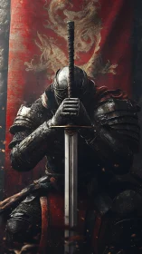 Battle-scarred knight kneels in solemn vigil before banner