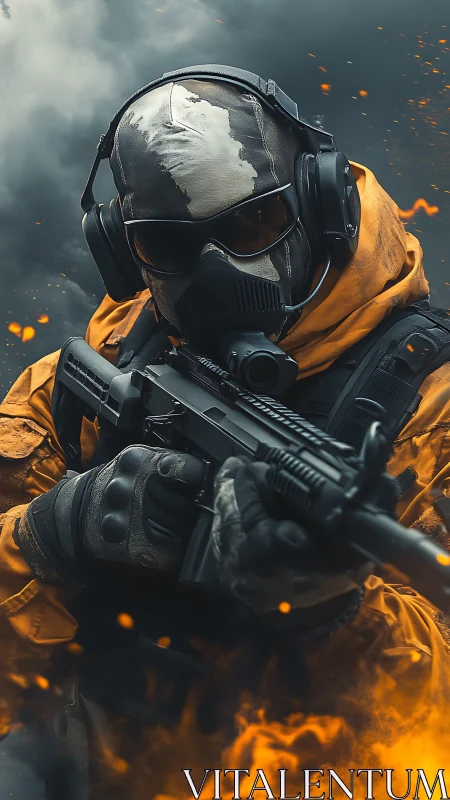 Masked tactical operator holding rifle amid smoke and fire.