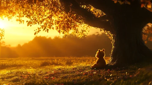 Sun-drowsy teddy under an autumn tree of molten honey.