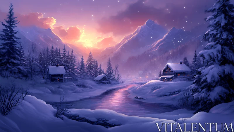 Snowlit river dream hugging twilight cabins in silence.