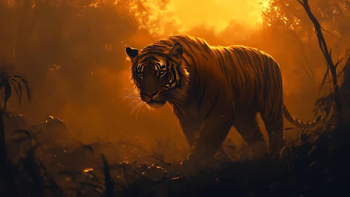 Solitary tiger walking through dense orange forest light.