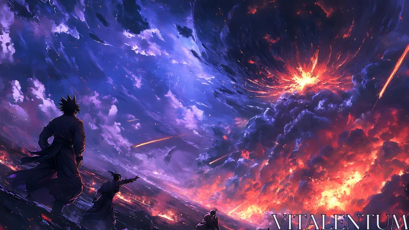 Figures observe large sky explosion with descending fire