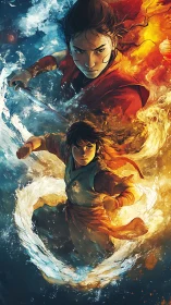 Dual martial artists with elemental fire and water energy.