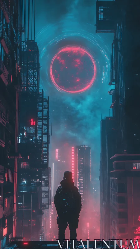 Lone figure in neon cyberpunk city under red planet.
