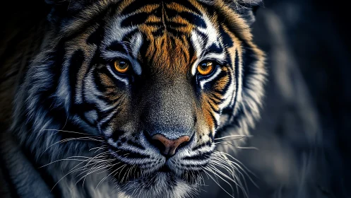 Close frontal view of tiger face with high detail shading.