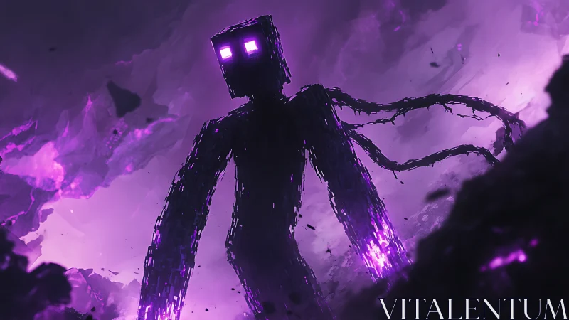 Giant pixelated purple entity stands in glowing cavern void