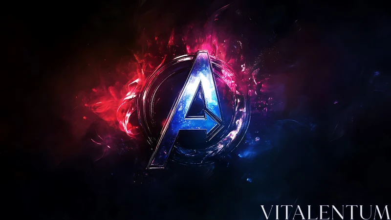 Chromatic metallic A emblem amid cosmic energy burst.