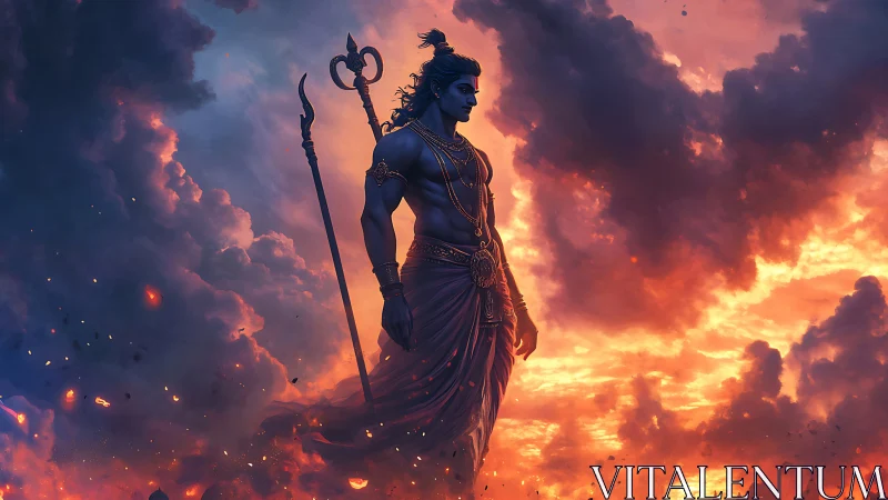 Divine warrior silhoutte strides through blazing storm sky.