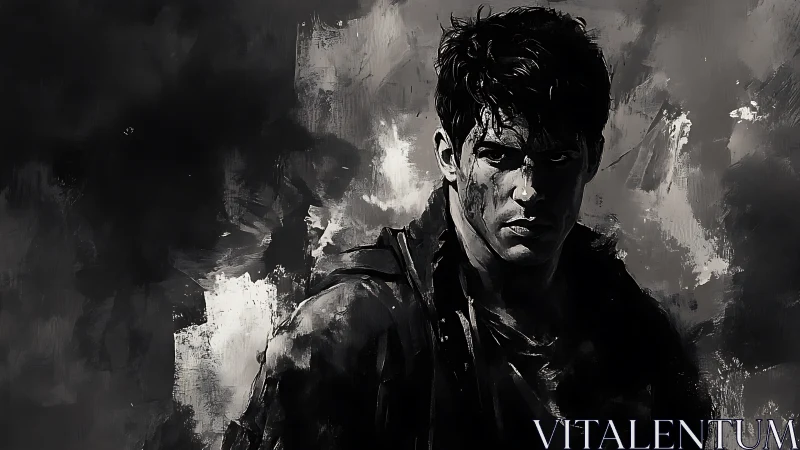 Storm-lit warrior studies the shadows with fierce resolve