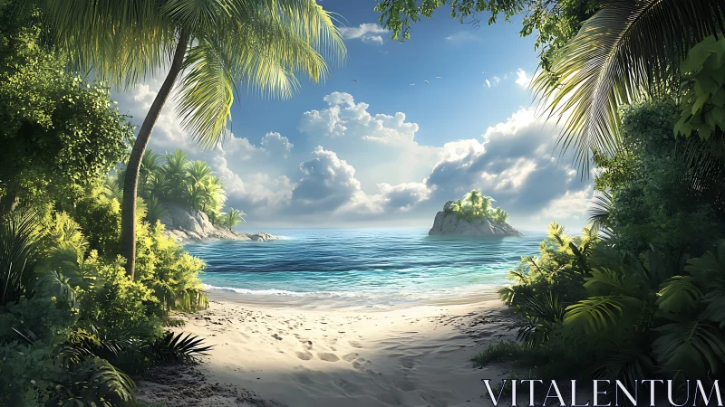 Tropical Island Beach Landscape with Palm Trees and Rocky Outcrop