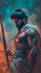 Fierce warrior pauses in glowing storm of fire and sky