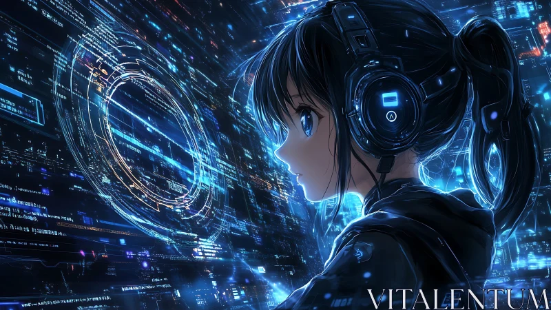 Cyberpunk girl studies glowing data streams in neon cyberspace