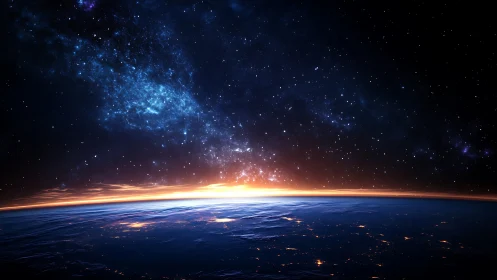 Dawn spills liquid fire across Earth’s rim beneath star seas