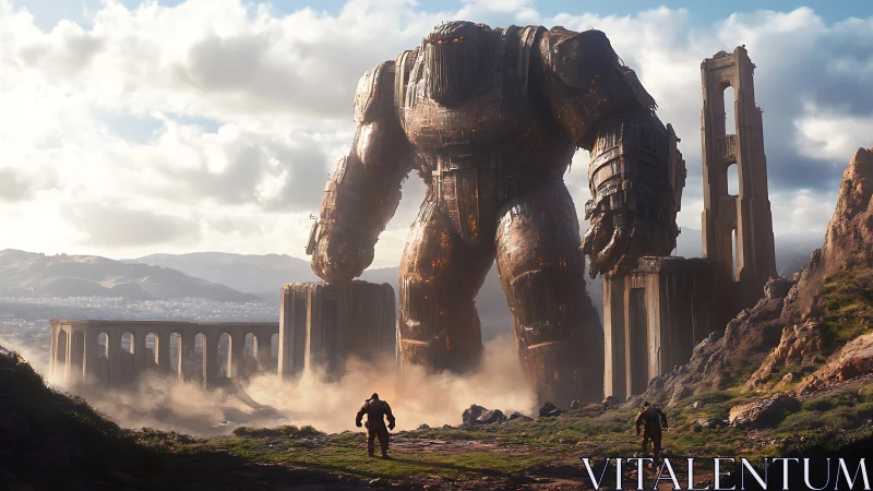 Colossal armored mech strides through crumbling stone aqueduct