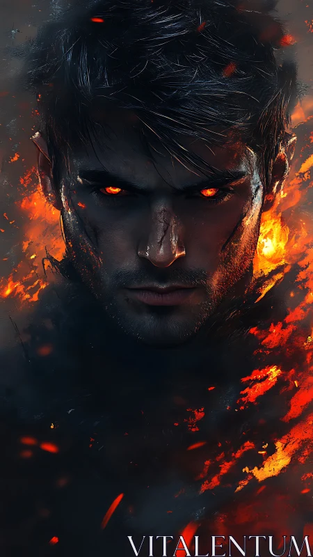 Male fire-empowered antihero portrait with incandescent ocular glow