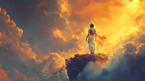 Celestial figure overlooking luminous storm of clouds.