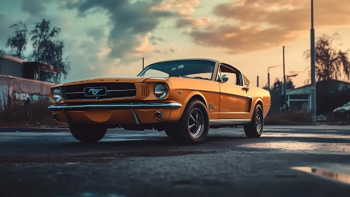 Yellow classic fastback car on wet urban roadway at dusk.