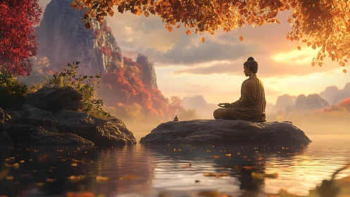 Meditating Buddha statue overlooks serene autumn lake at dawn