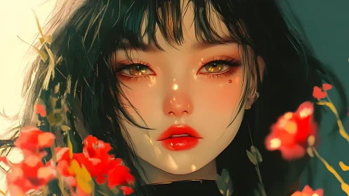 Digital portrait of young woman with flowers in foreground.