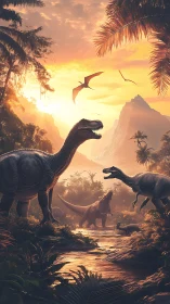 Sunlit Jurassic valley with multiple dinosaurs in layered depth