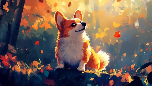 Corgi illuminated in dappled autumn forest light, painterly render