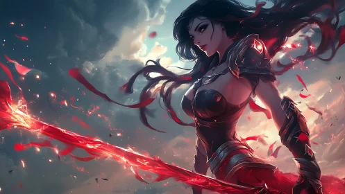 Stormlit warrior channels a blazing red magic blade with calm