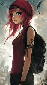 Red haired anime girl with backpack in urban skyline scene.