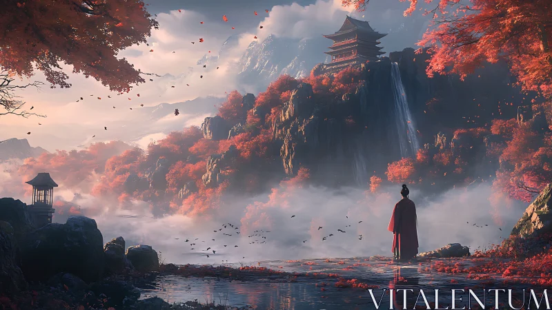 Serene autumn temple above misty falls and quiet wanderer.