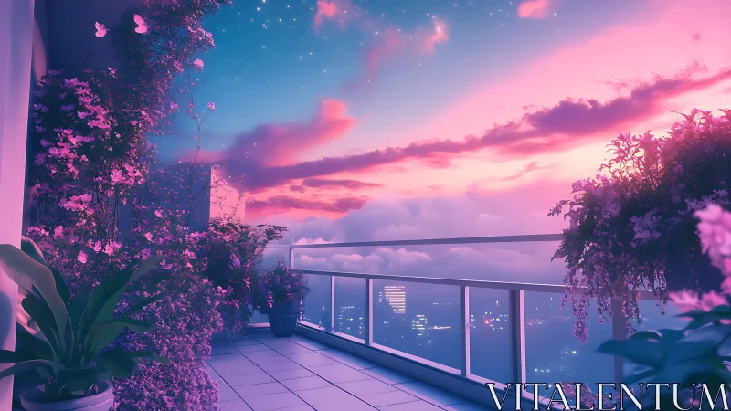 Skyline balcony garden drifts into a cotton candy twilight