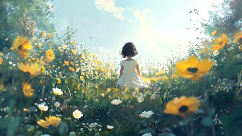 Backlit girl in white dress wandering through sunlit meadow.