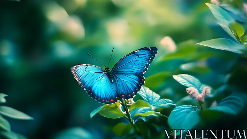 Iridescent blue butterfly resting in softly blurred garden.