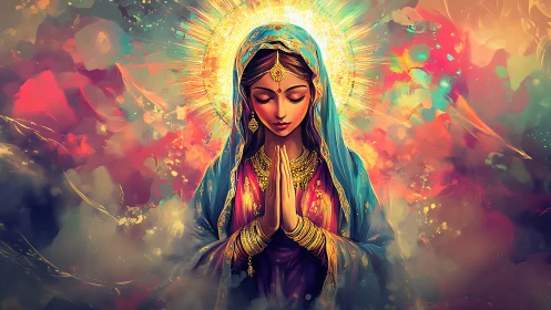 Luminous meditative figure with radiant halo in chromatic nebula.