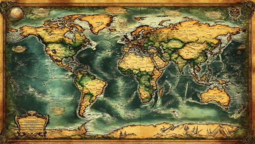Vintage world map illustration shows labeled continents