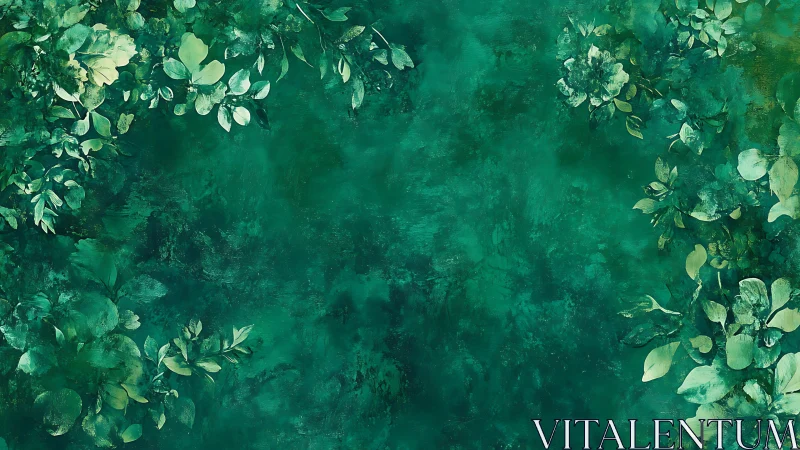 Green textured background with botanical foliage border pattern.