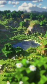 Voxel meadow frames reflective lake under bright summer sky.