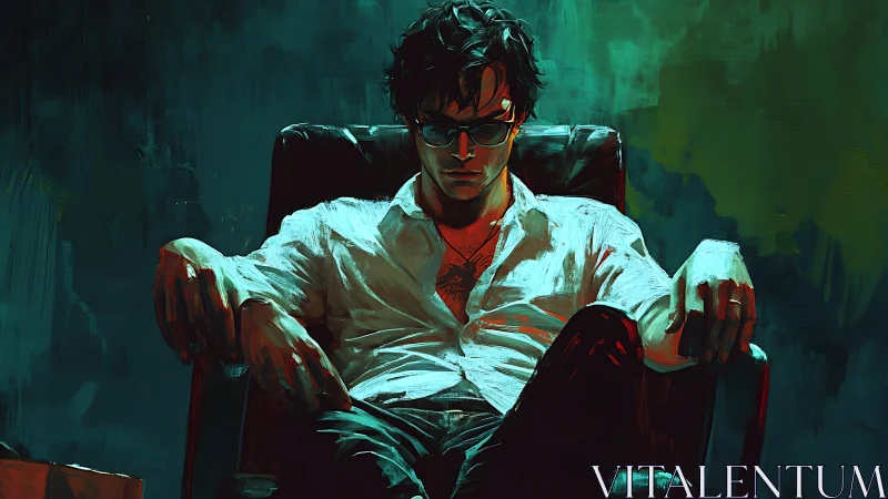 Moody man in chair with teal and red lighting.