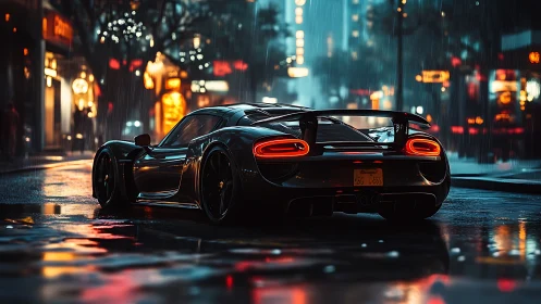 Black hypercar on wet neon city street at night scene.