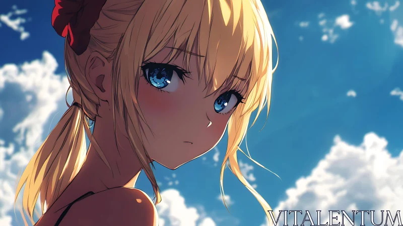 Backlit anime portrait of blonde girl under stratocumulus sky.