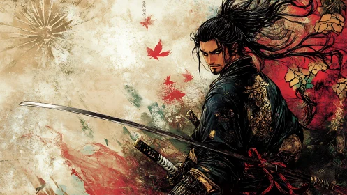 Samurai warrior stands with drawn katana amid red leaves