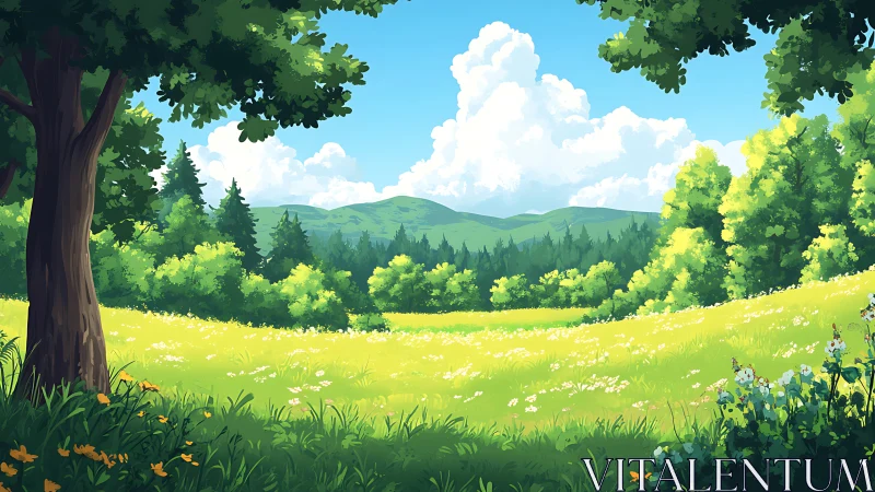 Sunlit meadow and gentle hills under bright summer skies.