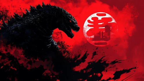 Godzilla silhouette against red Japanese sun symbol.