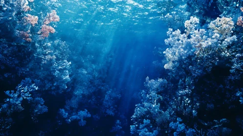 Sunlit underwater coral reef scene with dense blue growths.