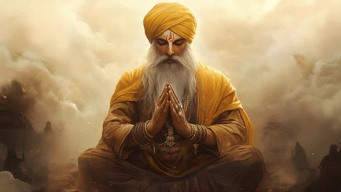 Digital painting of meditative sage in golden atmospheric field.