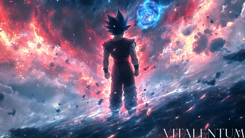 Cosmic warrior gazing into a storm of swirling starlight.