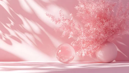 Minimalist pink floral arrangement with glass orb and soft shadows.