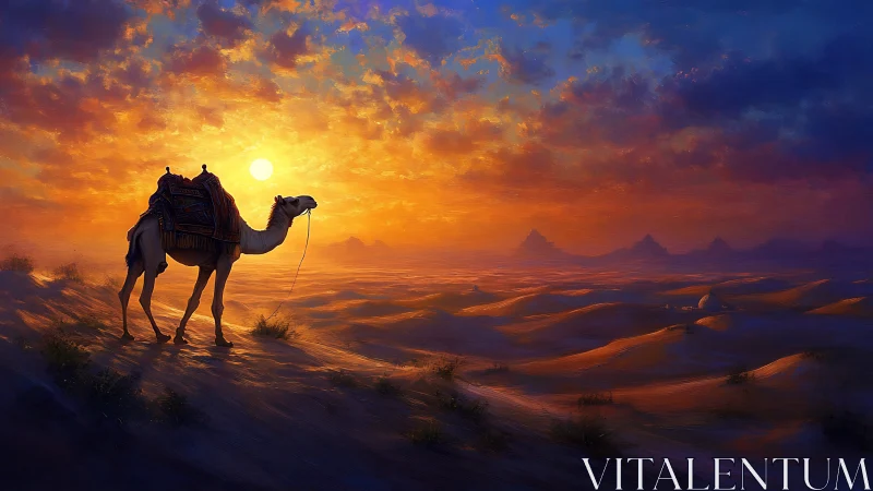 Solitary camel on sunlit dune ridge under vivid desert sky