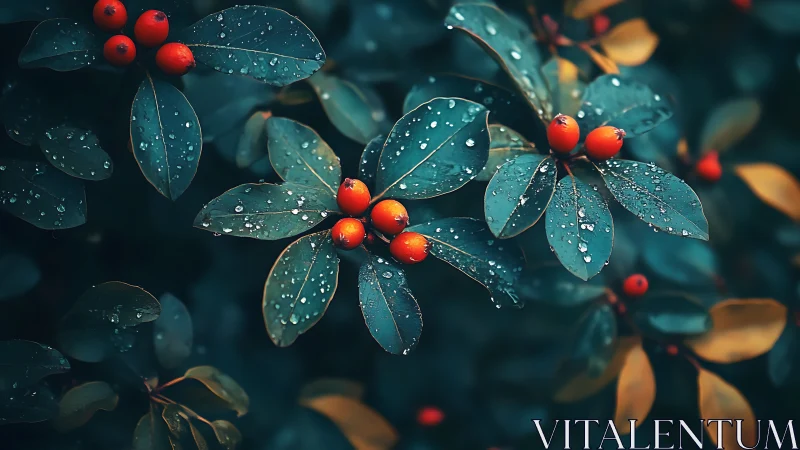 Rain-dappled teal foliage framing vivid orange berries cluster.