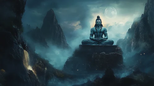 Lunar-lit Shiva colossus amid volumetric Himalayan ravines.